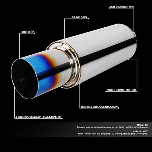 Miniatura 2 de DNA MOTORING EXA-MF-002-T2 Silenciador universal para tubo de escape recto, acero inoxidable de 4 pulgadas de diámetro exterior, salida de 3