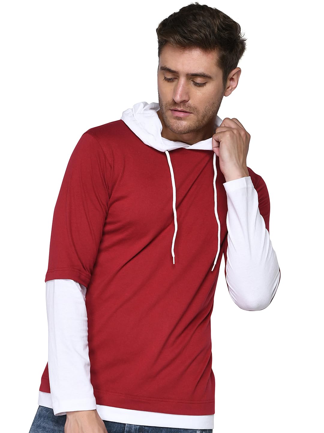 Global Desi Men's Layered Long Sleeve Hoodie, Red and White, Cotton Blend, Casual Pullover in white