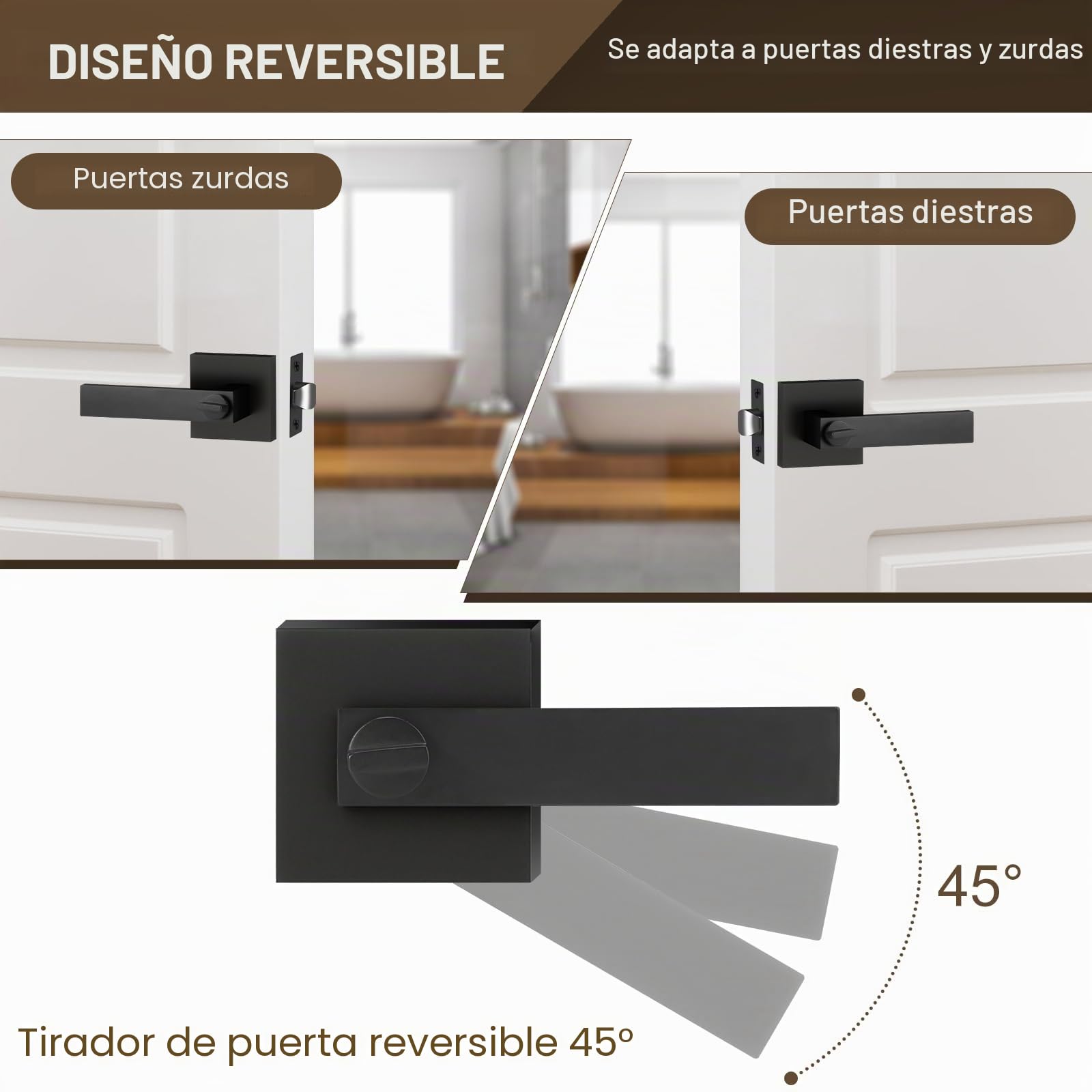 Manilla de Puerta Interior Sin Llave Pomos Puertas para Baño Cerraduras Puertas Interiores en Negro Mate Reversible Para Puertas con Apertura a la Derecha o a la Izquierda