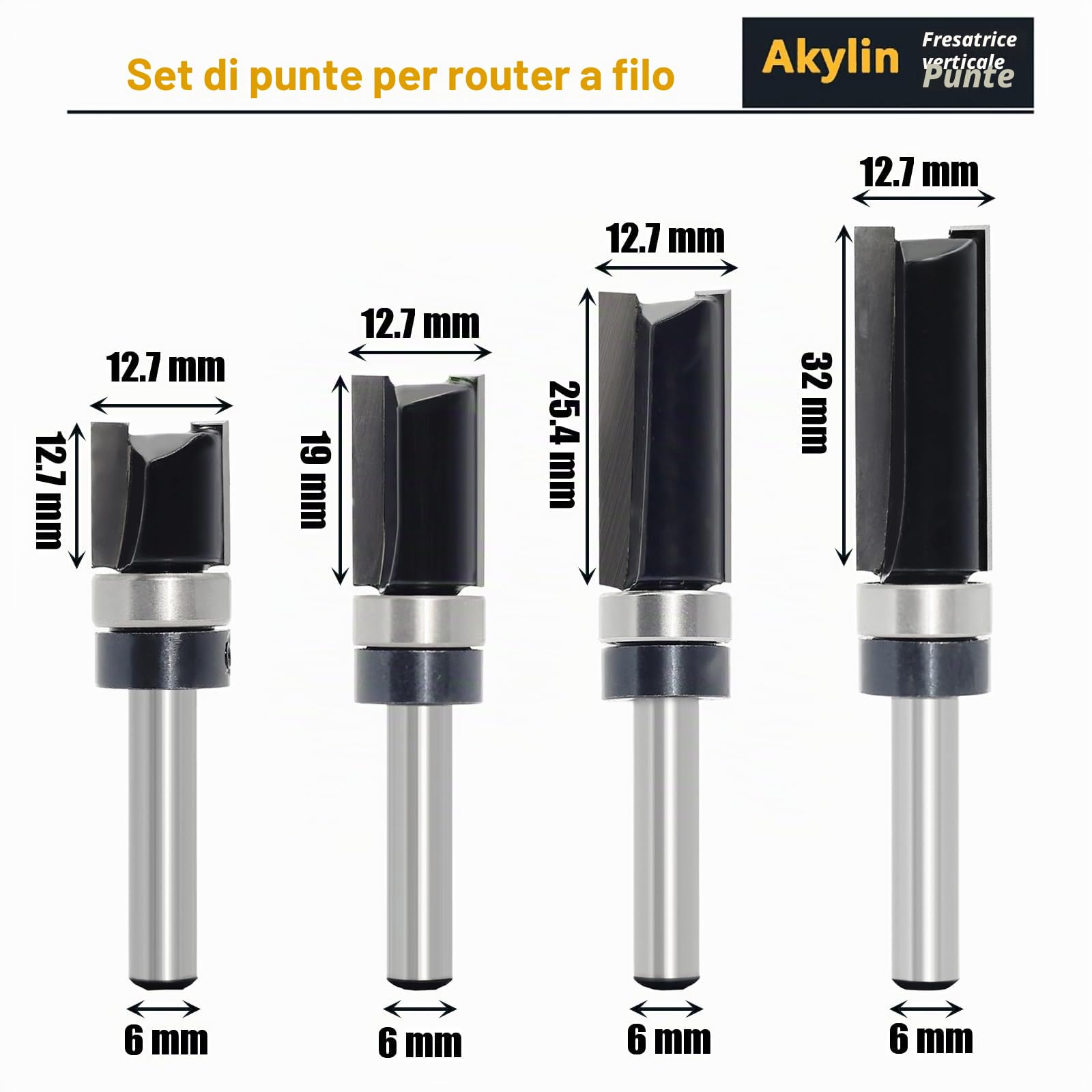 Set di 4 frese da copiare in legno a gambo da 6 mm, con cuscinetti a sfera, strumento da taglio professionale per router per legno