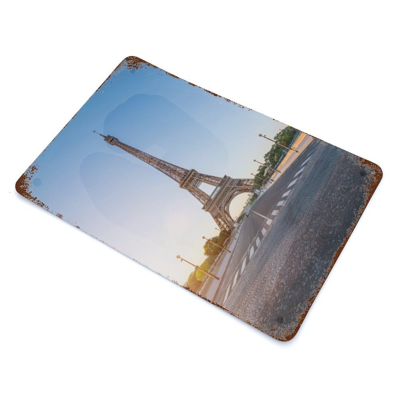 Garage Style Eiffel Tower Sunrise Vintage Rust Metal Sign 11.8"x7.9", Retro Wall Decor for Bar And Workshop