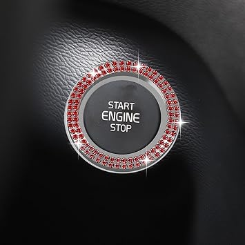 Car Bling Crystal Rhinestone Engine Start Decoration Ring, Ring Start Button Cover Sticker Key Ignition & Knob Ring Decoration, Bling Car Interior Accessories for Women Red