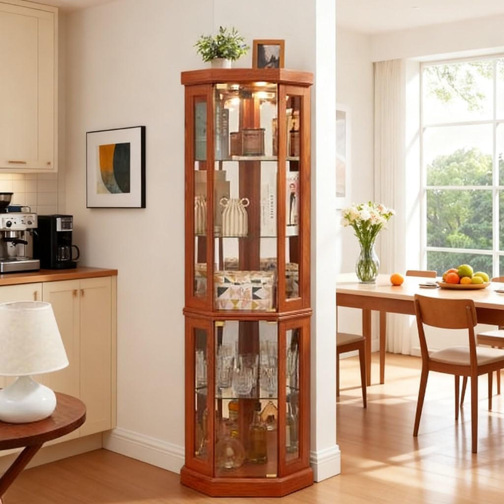 Lighted Corner Glass Cabinet, Dark Oak Curio Display Case - Wine/Bar & Antique Storage, Living Room, Light Included