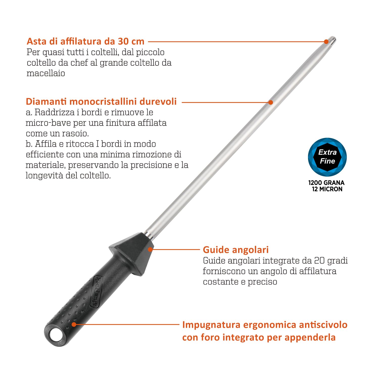 (un marchio di SHARPAL) 110R Totale 45 cm/Asta 30 cm Acciaino Diamantato Monocristallina con Guide Angolari Integrate, Grana Extra Fine 1200, Acciaino Professionale Affilacoltelli in Diamante
