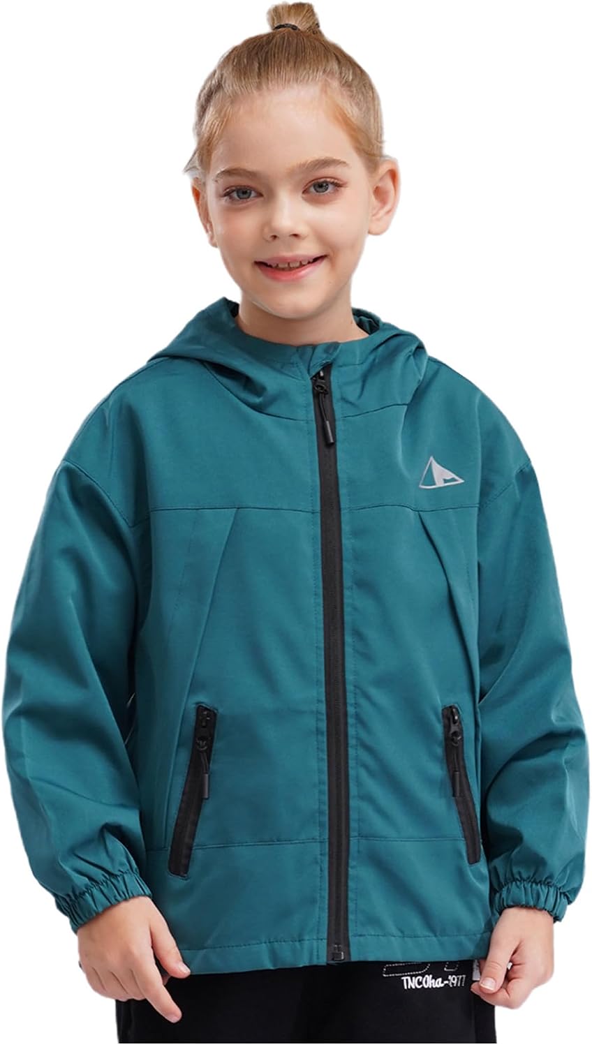 Kaerm Kids Boys Girls Hooded Rain Jacket Lightweight Breathable Waterproof Raincoat Outdoor Zip Up Coat