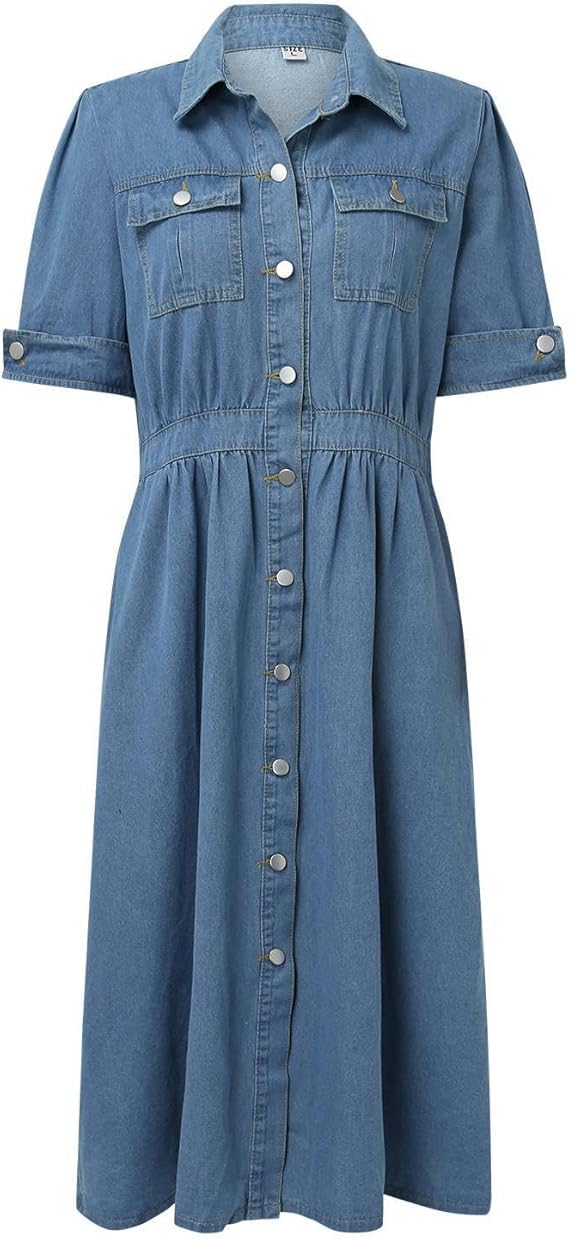 Mode Printemps Eté Robe en Jean Casual Bleu Bouton Chemise Longueur Genou Lâche Soirée Robe Trapèze (Bleu,XL)
