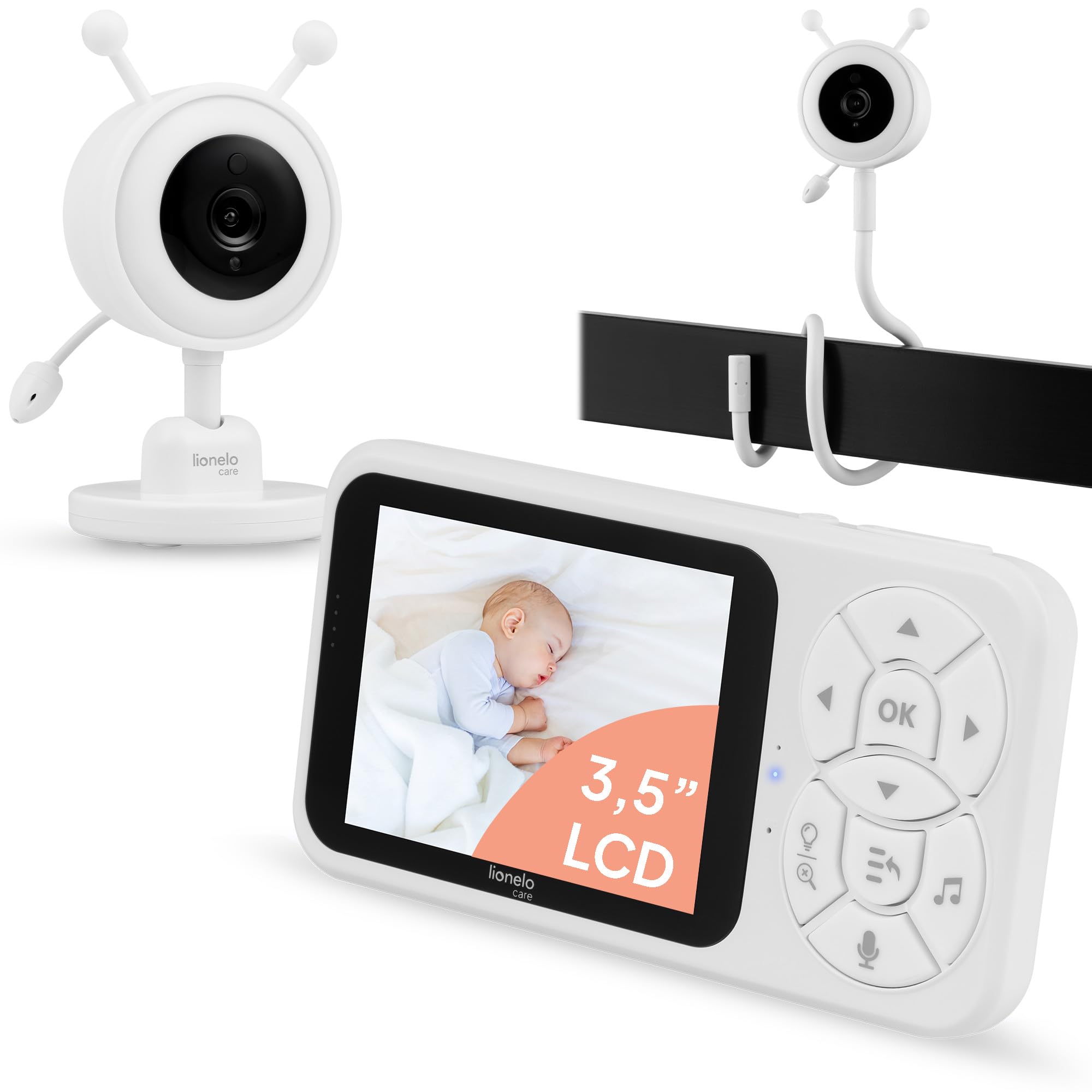 Lionelo Babyline 3.4 Wideoniania Niania Elektroniczna z Kamerą bez Wi-Fi z Nocną Noktowizją, LCD 3,5 Cala, VOX i Interkom, Zoom 4x, Alarm Płaczu i Temperatury, Kołysanki, Kabel 2,8 m, Bateria 3000 mAh