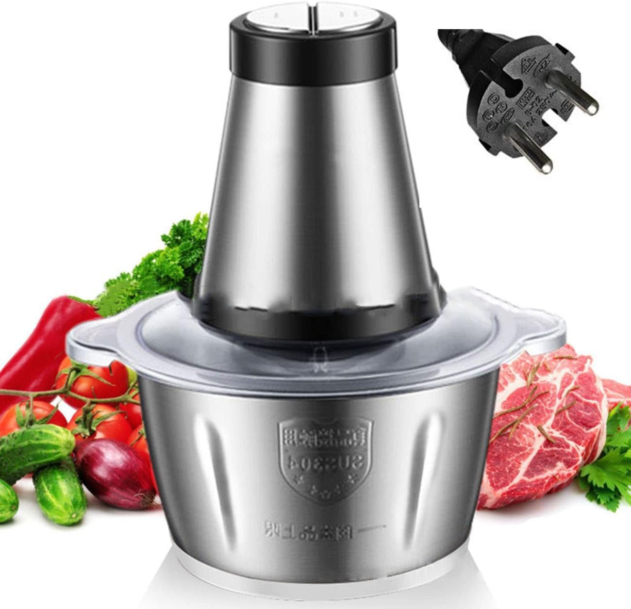 220V Food Processor & 2L Meat Grinder Chopper for for Meat, Vegetables, Fruits and Nuts,4 Bi-Level Blades, Stainless Steel (EU Plug)