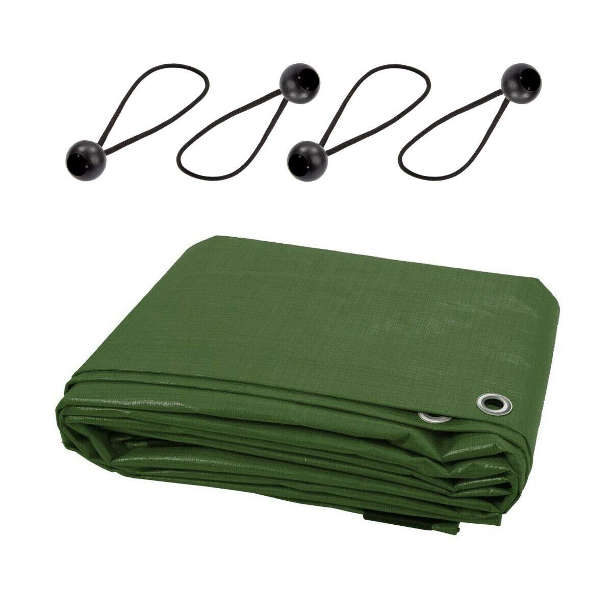 Waterproof Tarpaulin with 4 Ball Bungees - 2 x 3 m Green PE Tarp Cover for Garden, Wood, Camping, Groundsheet, Construction - 90 GSM UV Resistant, Tear-Proof, Mould-Proof, Rope-Reinforced Edges
