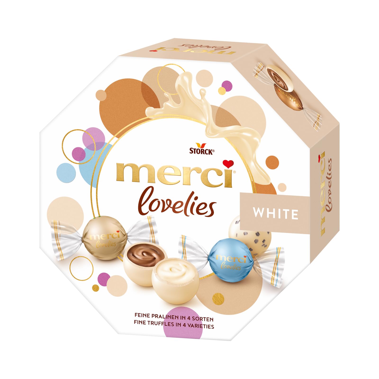 merci lovelies White – 1 x 185 g – Pralinen-Schachtel mit 4 gefüllten Schokoladen-Spezialitäten – Weiße Schokokugeln zum Teilen & Verschenken