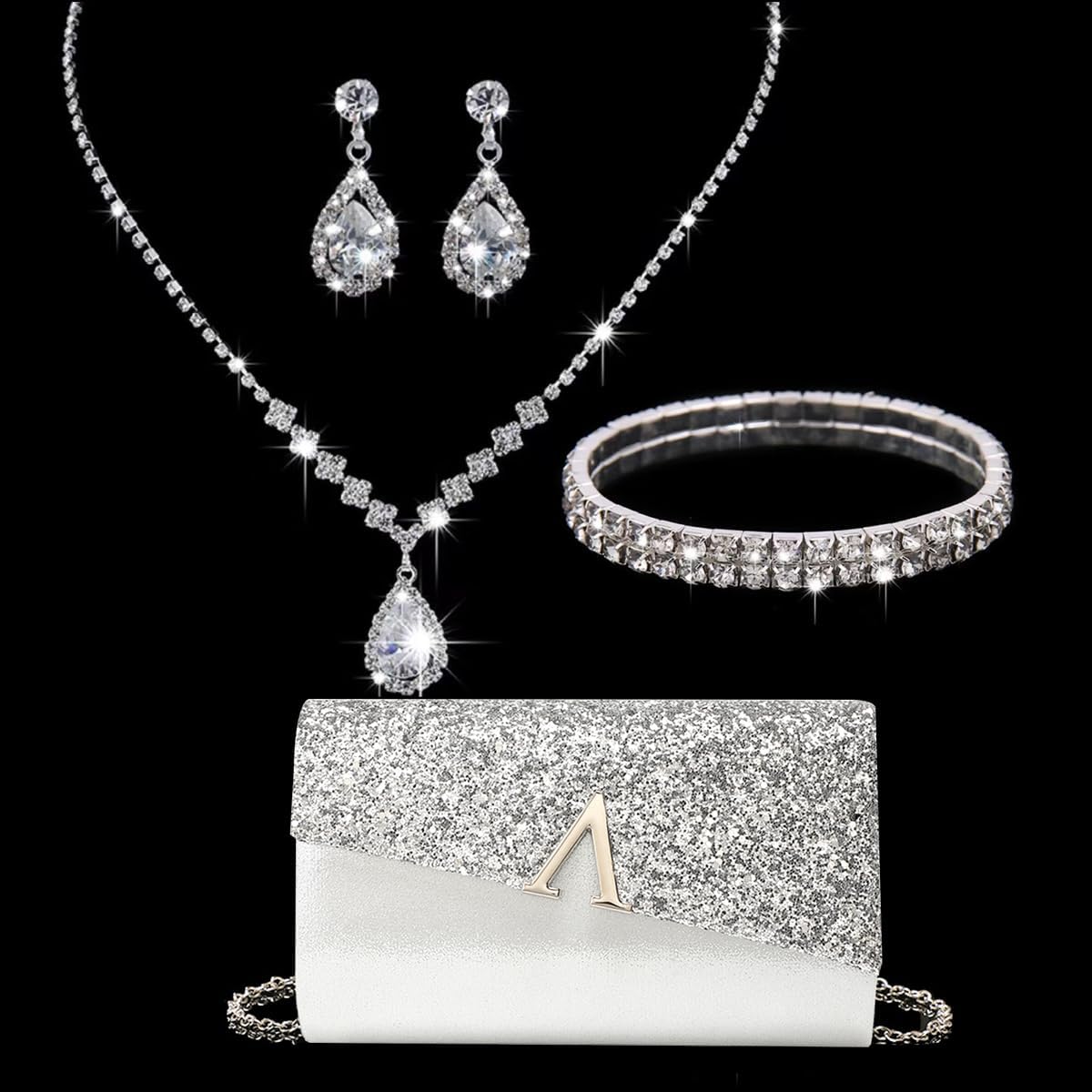 YYW 4 Pieces Women Evening Handbags Clutch Purses Shoulder Bag with Rhinestone Jewelry Set for Party Wedding - Image 3