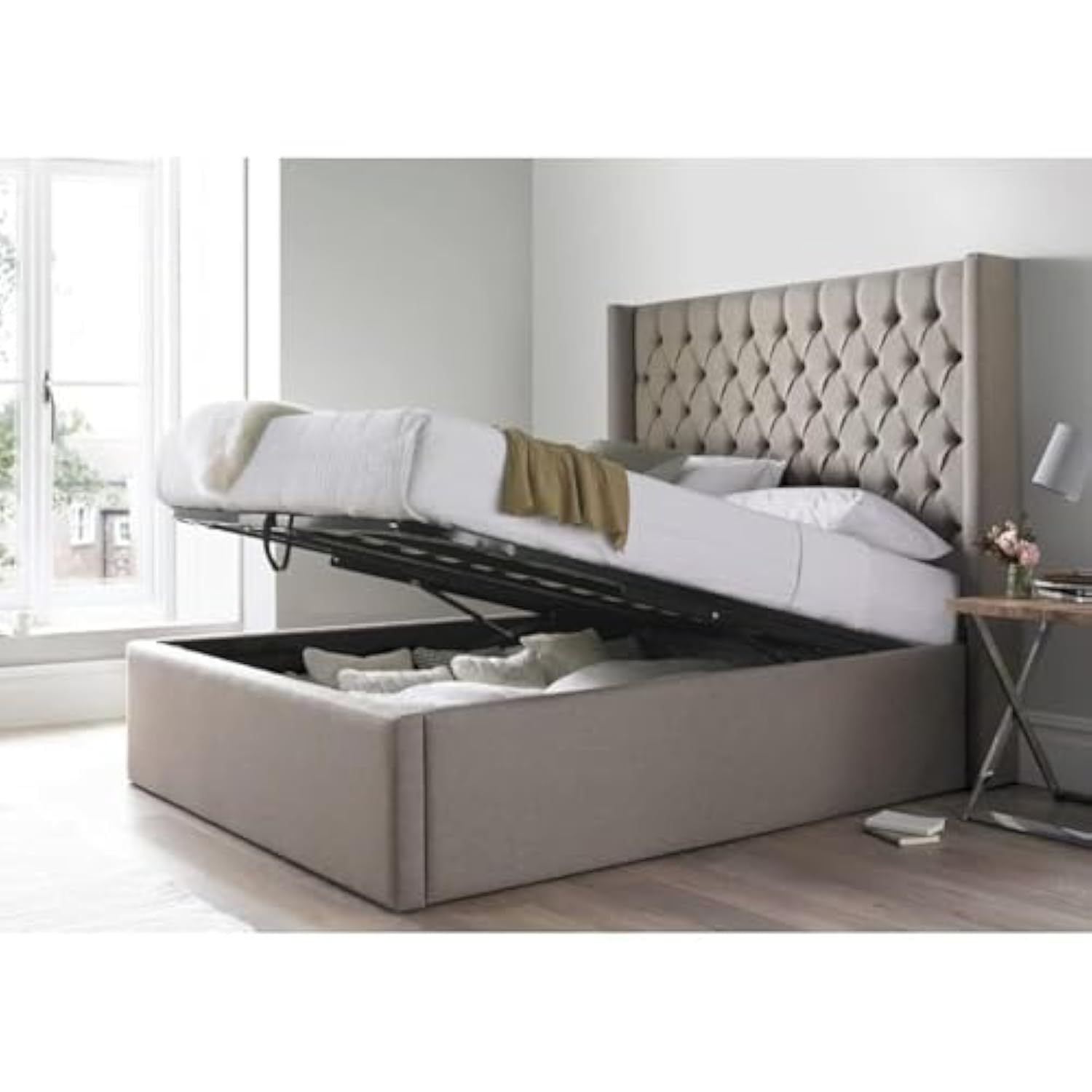 R2R furniture Trading LLC Islington Tufted King Bed with Storage Only (180x200cm, Dark Beige, Faux Leather)