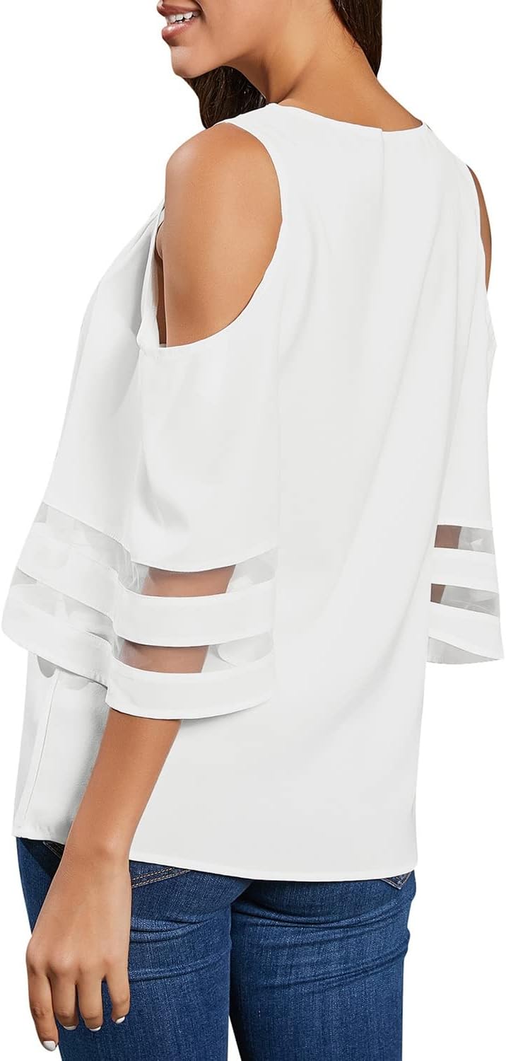 LookbookStore Women's Cold Shoulder Loose Shirt Tops 3/4 Bell Mesh Sleeve Blouse - Image 2