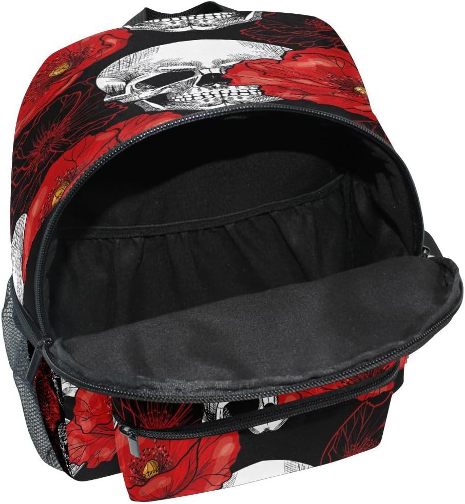 Cute Toddler Backpack Mini Travel Bag Skull Red Poppy Flower Floral for Baby Girl Boy Age 3-7
