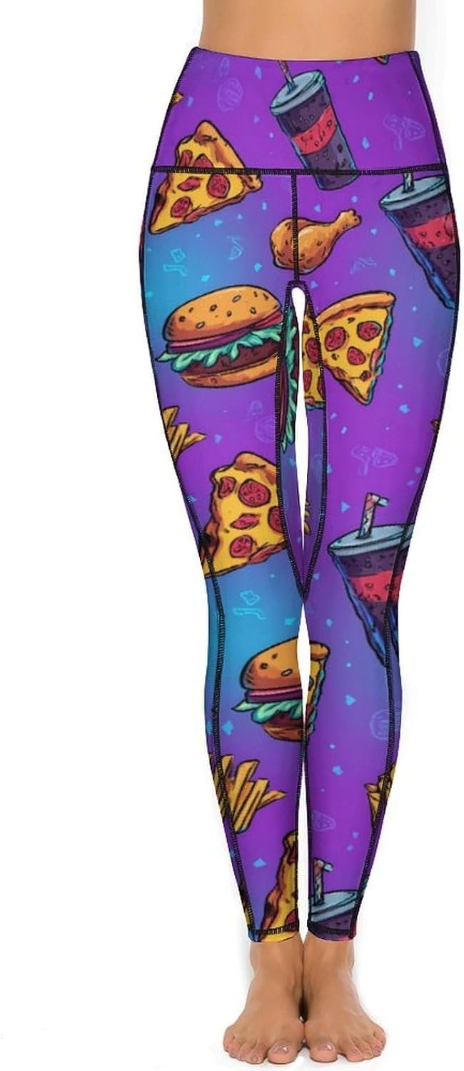 Pizza Hamburger French Fries Print Women's Leggings High Waisted Yoga Pants Workout Athletic Running Pants