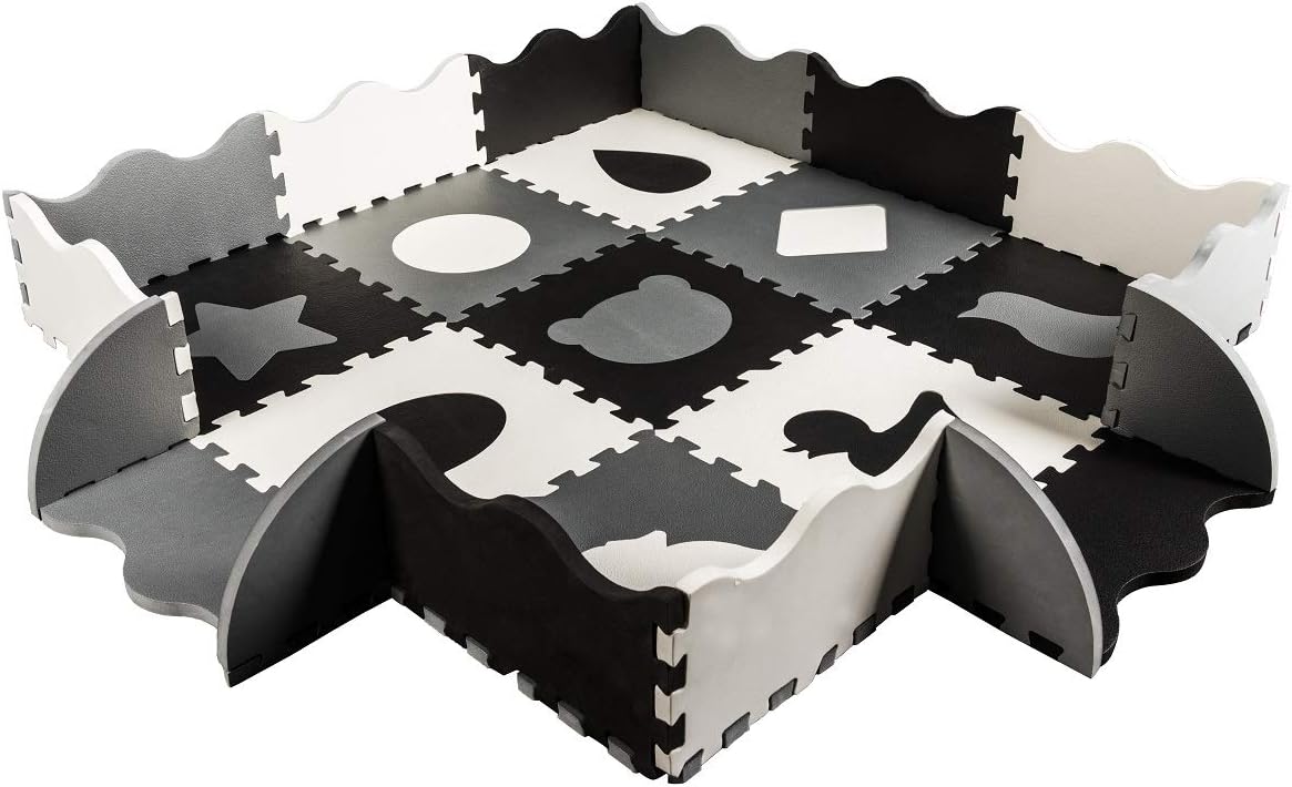 MECY Baby Play Mat with Fence-Mat for Playroom & Nursery | Neutral Color for Infants, Toddlers & Kids (Black-White)