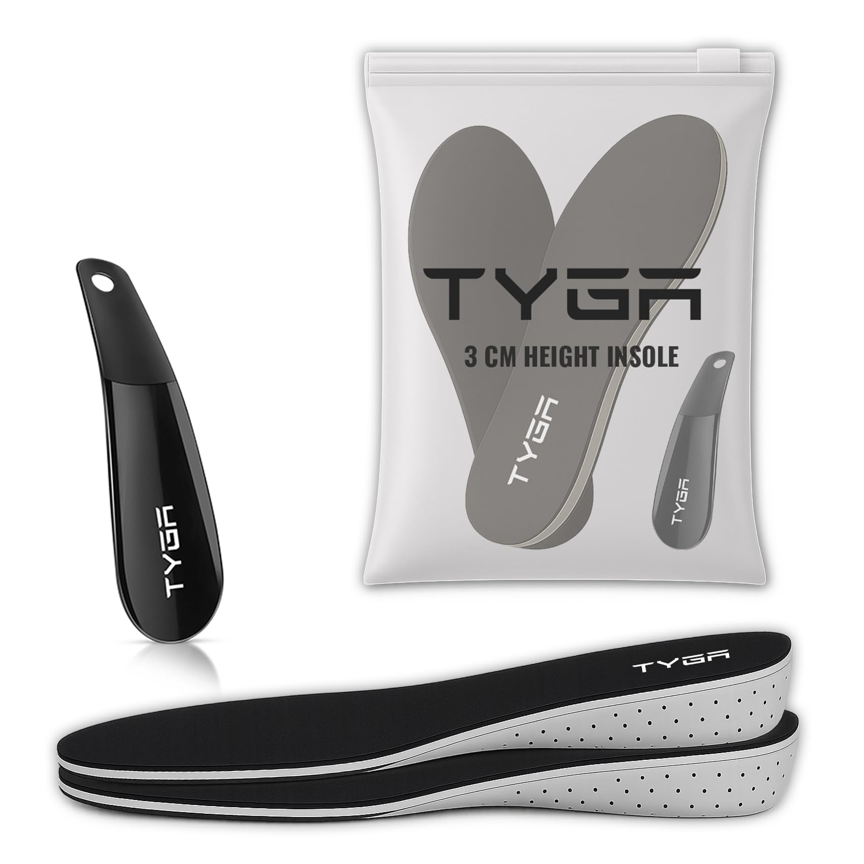TYGA Shoe Insole Height Increasing, Soft Breathable Orthotic Sports Replacement Insoles for Men and Women + Free Shoe Horn (Size UK 3.5 - UK 9) (3CM)