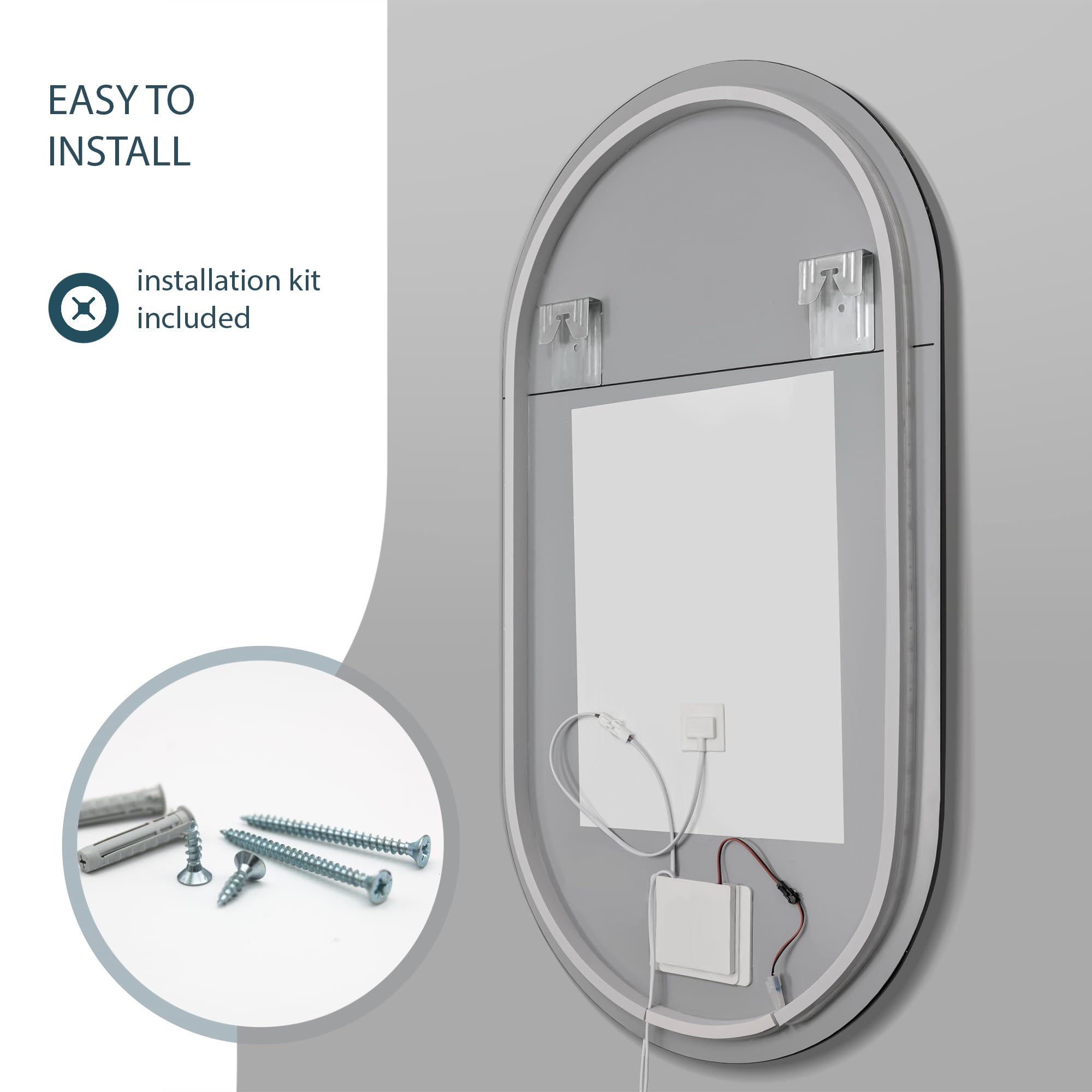 Espejo de Baño Ovalado con Luz LED Regulable, Antivaho, Interruptor Táctil y Apagado Automático, Diseño Moderno, Iluminación Ajustable y Fácil Instalación en Pared 50x90 cm