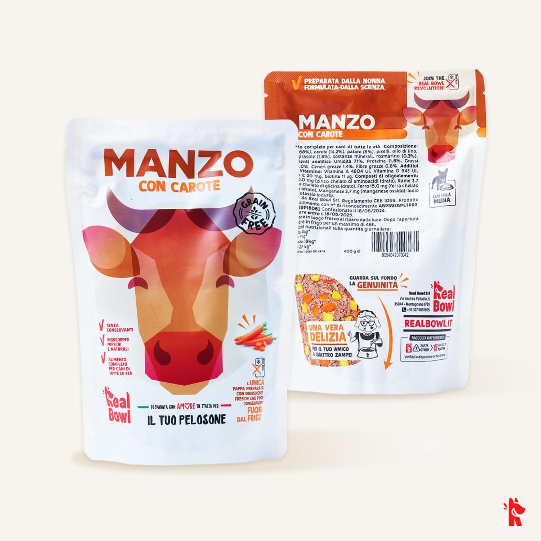 Cibo per cani al manzo naturale, 14 buste x 700g, monoproteico e senza cereali e conservanti, pappa fresca casalinga, Made in Italy, adatto a tutte le razze e taglie