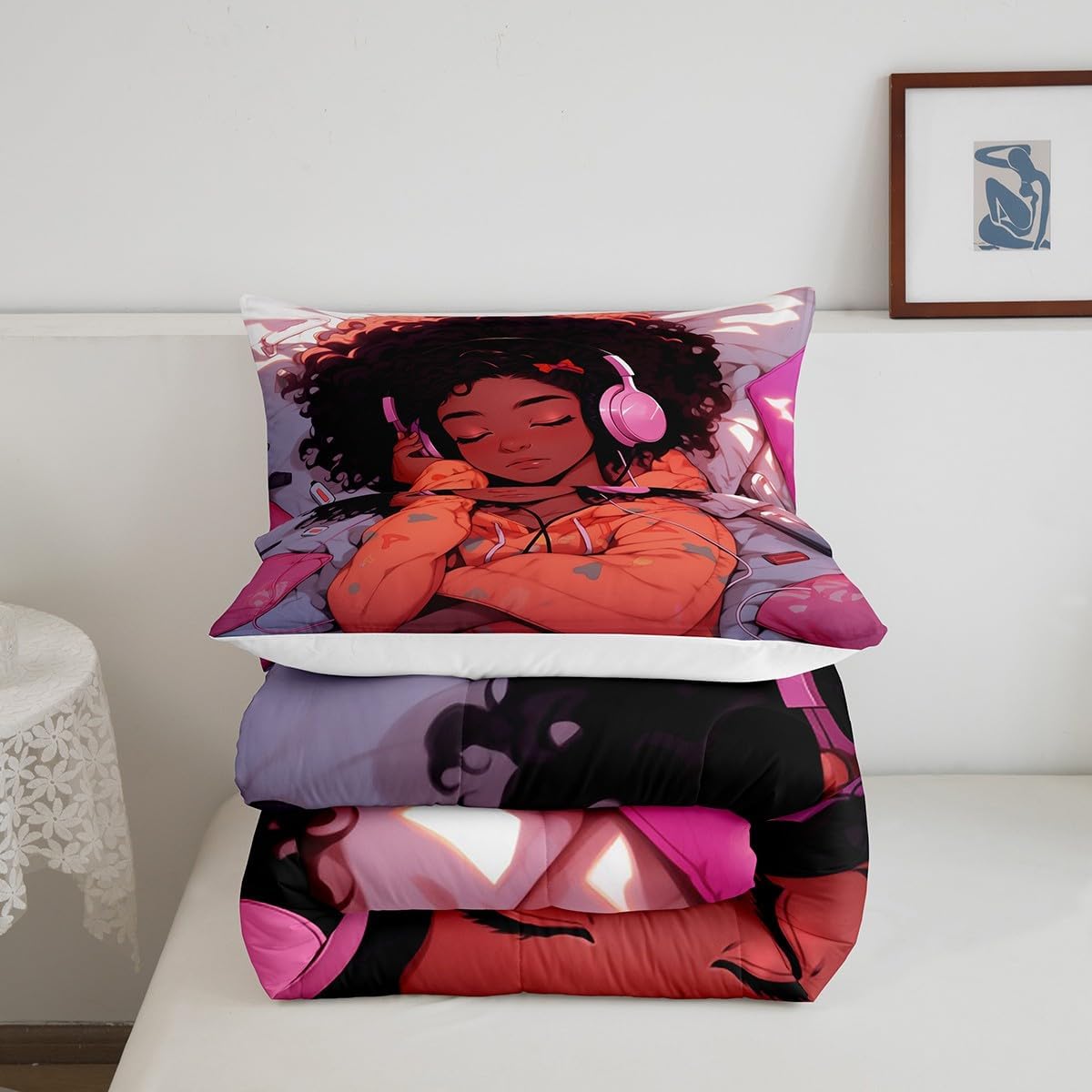Feelyou African Black Girl Comforter Set for Kids,Twin Size Cute Afro Girl Quilt Set 2Pcs