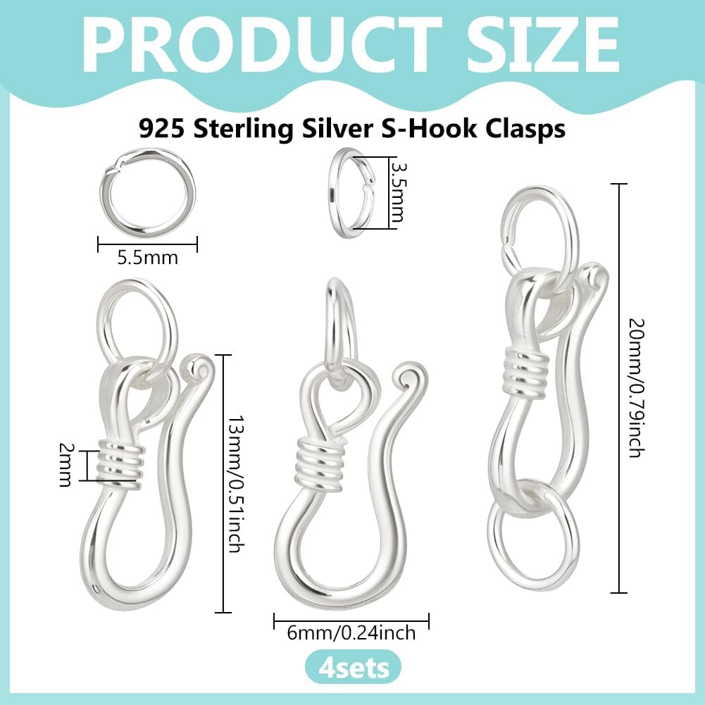 BENECREAT 4Sets 925 Sterling Silver S-Hook Clasps, 0.79inch Necklace Clasps and Closures for DIY Jewelry Making