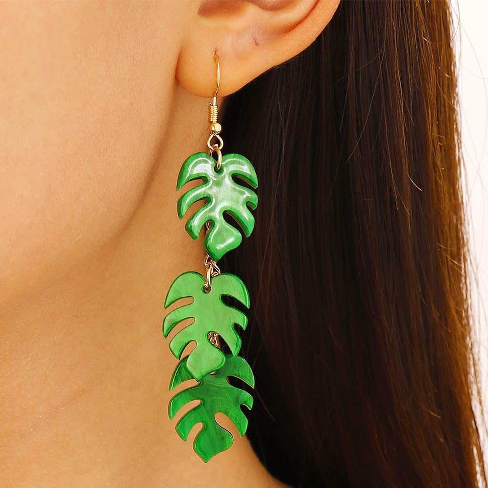 Green Palm Leaf Dangle Drop Earrings for Women Unique Monstera Leaves Acrylic Dangling Statement Hook Lightweight Hypoallergenic Jewelry for Everyday Wear - Image 2