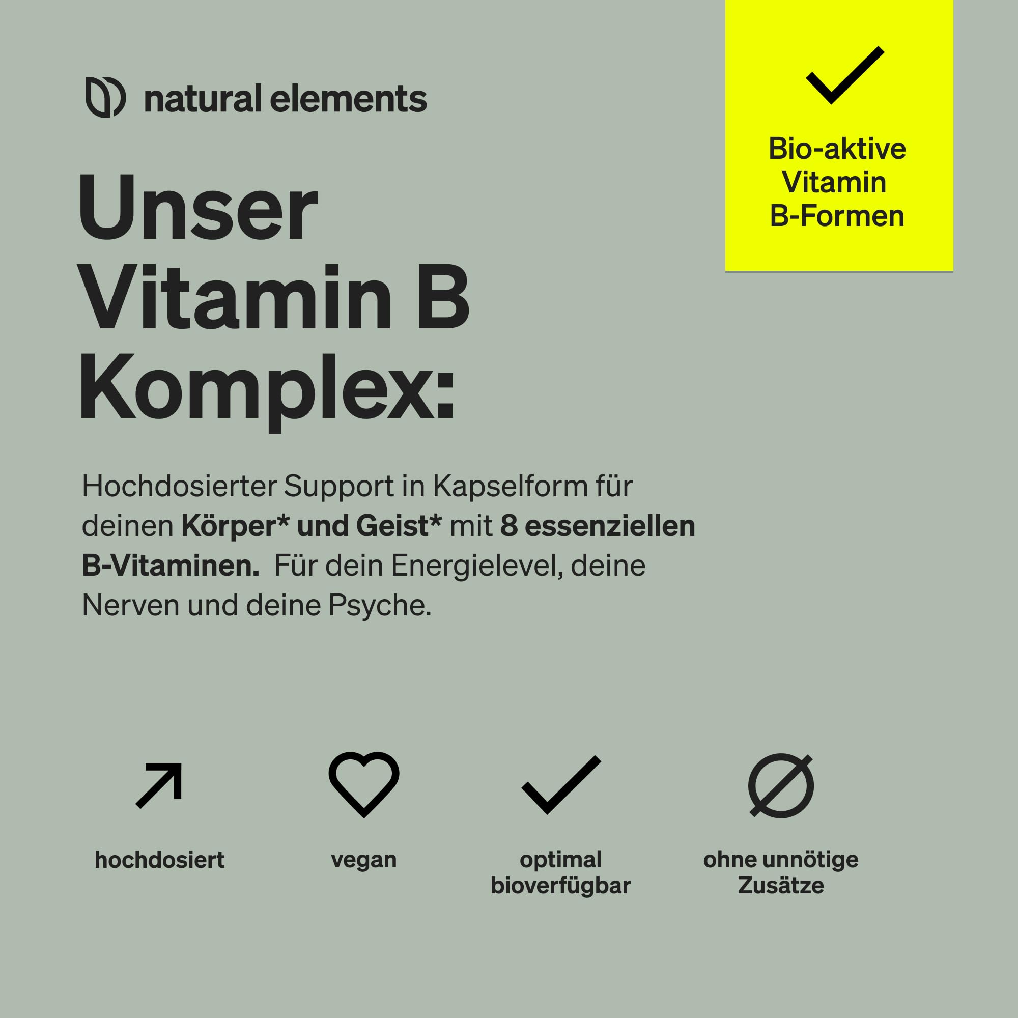 natural elements Vitamin B Komplex - 180 Kapseln - Hochdosiert: Mit 500 µg Vitamin B12 - alle 8 B-Vitamine (B1, B2, B3, B5, B6, B7, B9, B12) - vegan, in Deutschland produziert & laborgeprüft