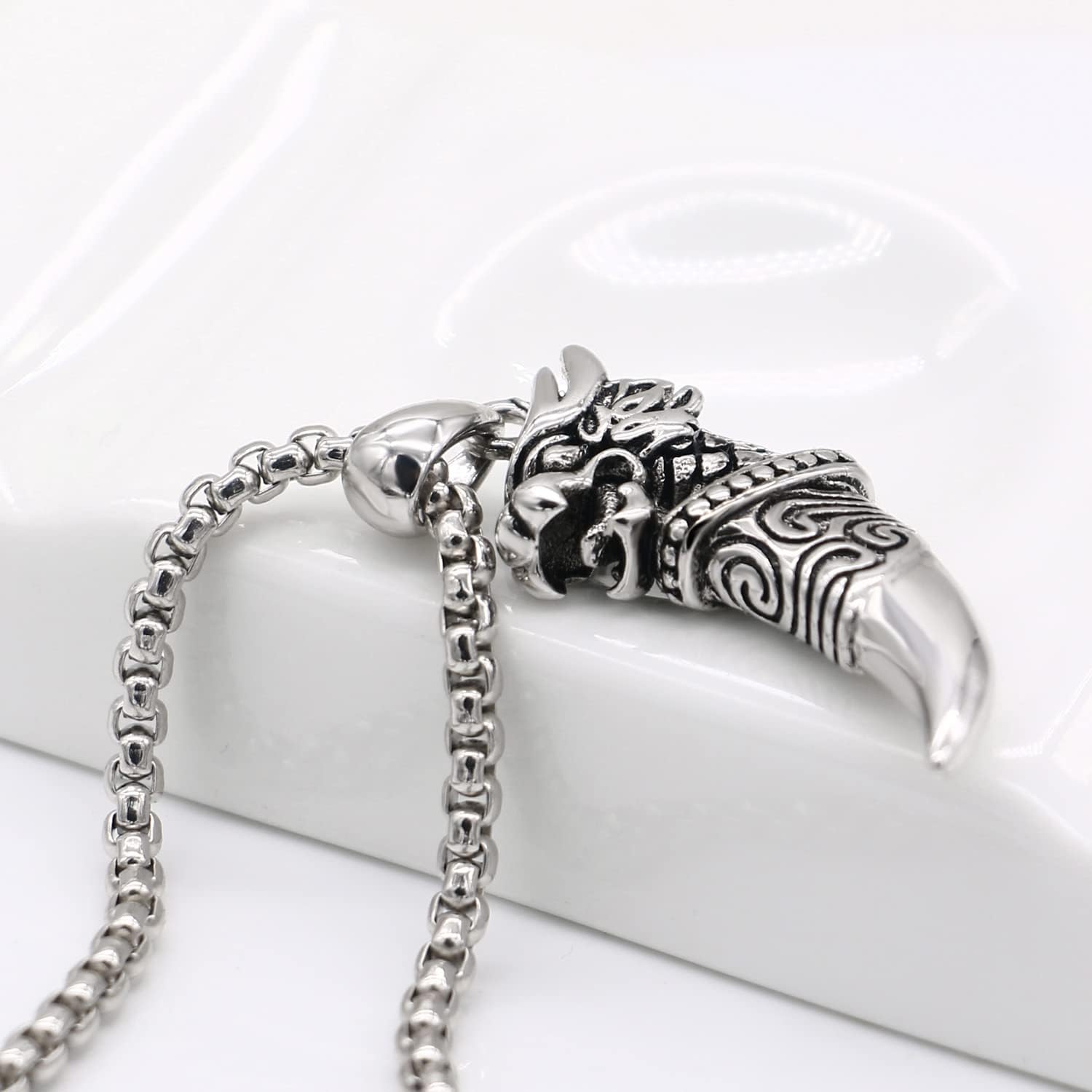 Dankadi Men 925 Sterling Silver Dragon Amulet Necklace Vintage Animals Tap Pendant Necklace -Wolf Spike Choker 3MM Box Chain18 20" 22 "26" 28" Jewelry Gift - Image 6