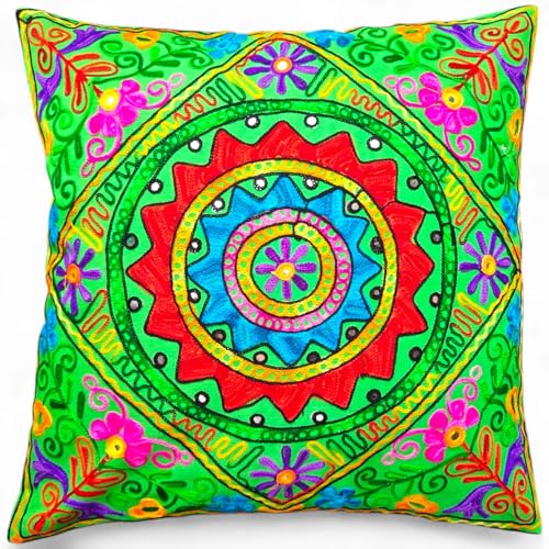 Image of Original Kikan Suzani Multi Colour Floral Embroidery 24" x 24" 60 x 60 cms Indian Ethnic Floor Cushion Cover Sofa Pillow Zipper Vegan (GREEN)