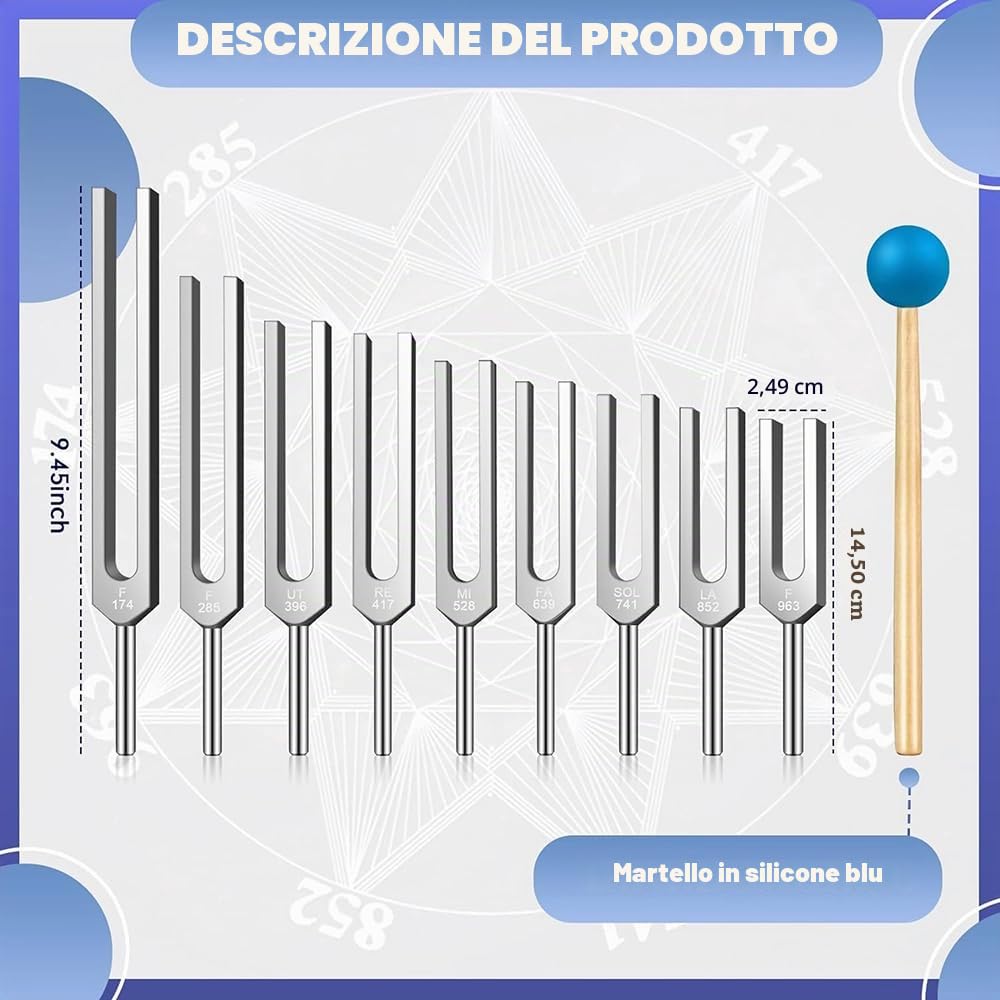 Diapason Neurologico,Set di Diapason - 9 Diapason in una raffinata confezione regalo in alluminio, ideali per la guarigione, la guarigione dei chakra, la guarigione del suono e l'antistress.