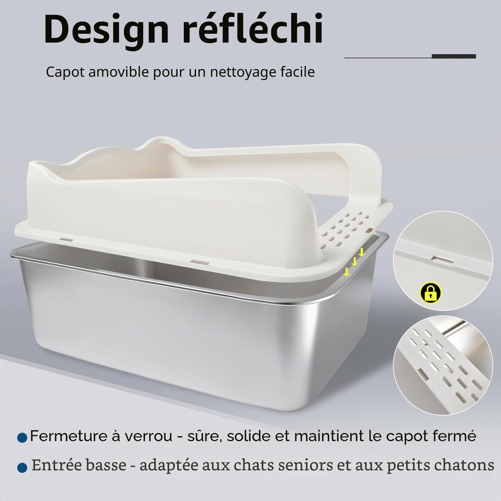 Bac à litière XXL pour chat, Grande litière pour chat 50 * 35 * 25 cm Sans odeur, Inoxydable, Surface lisse antiadhésive, Bac à litière en acier inoxydable Capacité pour un nettoyage plus facile