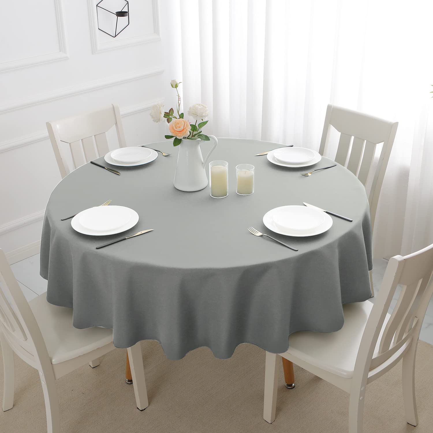 Romanstile Mantel redondo impermeable, manteles resistentes a las manchas, lavables, sin arrugas, de poliéster, cubiertas de mesa para cocina, comedor, fiesta, boda, interior y exterior - Gris claro
