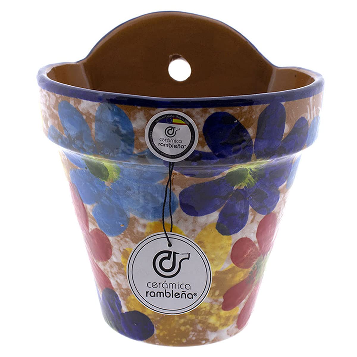 CERÁMICA RAMBLEÑA | Maceta Colgante Pileta | Maceta de Barro para Colgar | Maceta Pared Patios de Córdoba Primavera | 100% Decorada a Mano | 19x17x21 cm