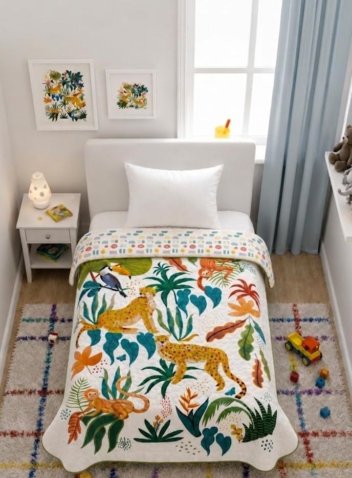 100% Cotton Quilt for Kids, Reversible Double-Sided Digital Printed Baby Quilt, Lightweight AC Blanket & Winter Comforter for Boys and Girls, Single Bed, 60 x 90 Inches (Jungle Safari Digital Printed)-image-45