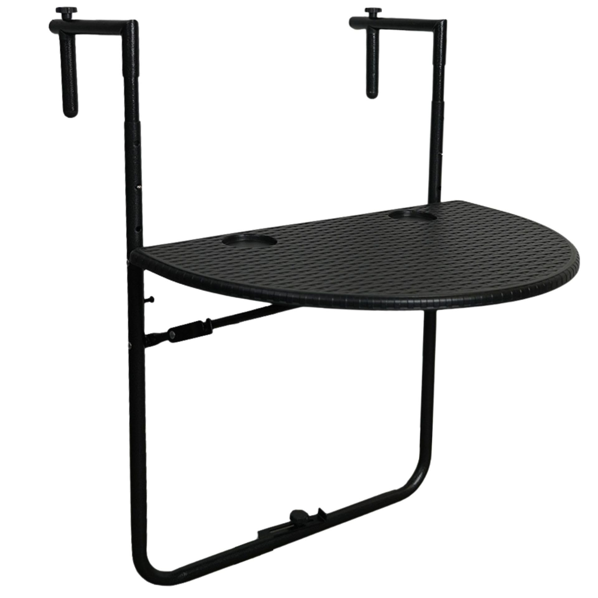 CHEFGASTRO Balkonhängetisch klappbar wetterfest 3-Fach höhenverstellbar 60x40cm Metall Rattan Optik Schwarz Balkontisch zum Hängen Hängetisch mit 2 Tassenhalterungen Balkon Klapptisch