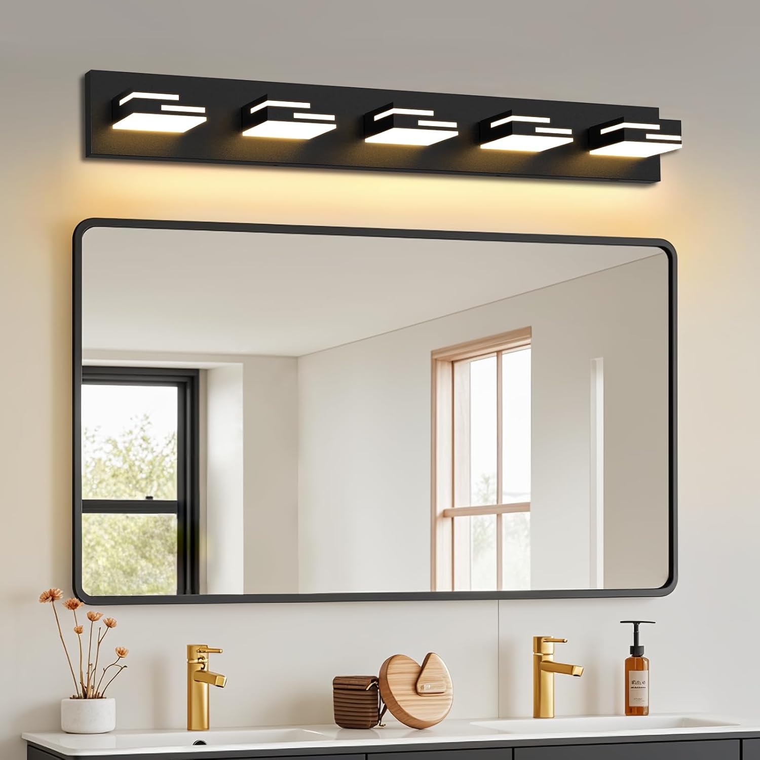 LED Modern Bathroom Vanity Light Fixtures 5-Light 5CCT Dimmable Matte Black Vanity Lights for Bathroom Lighting Fixtures Over Mirror, with 350° Rotatable Acrylic Heads, 34-inch