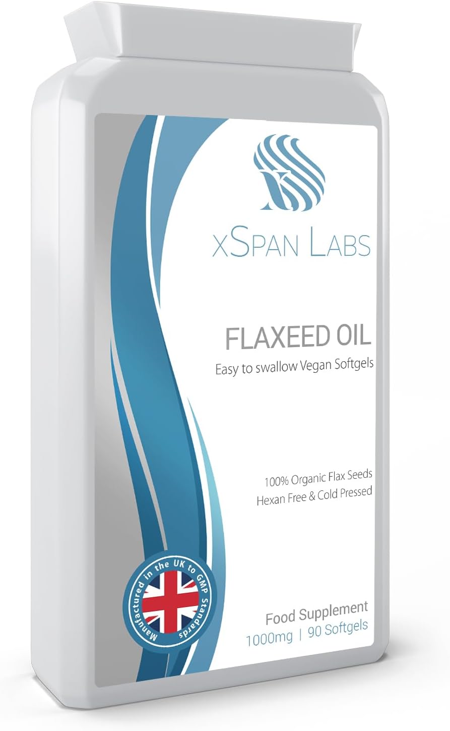 Flaxseed Oil Capsules 1000mg – 90 Vegan Soft Gels – Rich in Omega 3, 6, and 9 Fatty Acids – Crafted Exclusively from Cold-Pressed, Hexane-Free Organic Flax Seeds – Proudly Manufactured in The UK