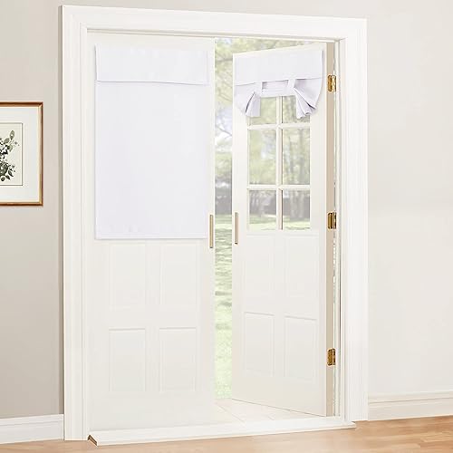 RYB HOME Blackout French Door Curtain - Tricia Window Shades Thermal Insulated Light Block Tie up Shades Energy Efficient Double Door Blind, 26 x 40 inches, Pure White, 1 Panel