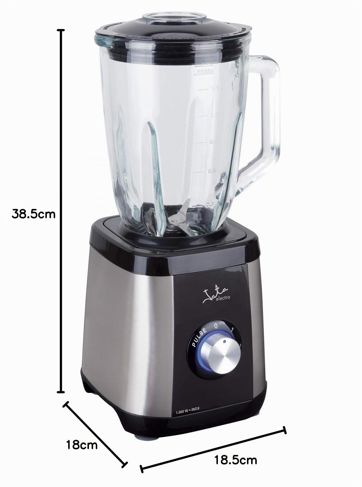 Jata BT604N - Batidora de Vaso 1300W con Jarra de Cristal 1,5L, Pica Hielo, 2 Velocidades + Pulse, Cuchilla Acero Inox, Cuerpo Acero Inoxidable, 17.000 RPM