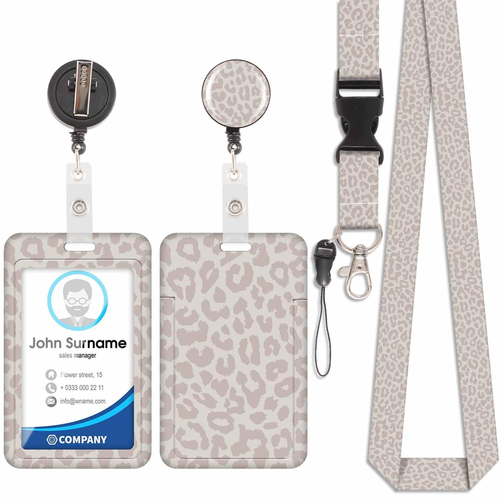 Badge Holder with Lanyard, ID Badge Holders with Detachable Cute Lanyard, Retractable Badge Reel Carabiner Clip, Personalized Card Cover Case Protector for Nurse Teacher Student (Leopard-Gray-3)
