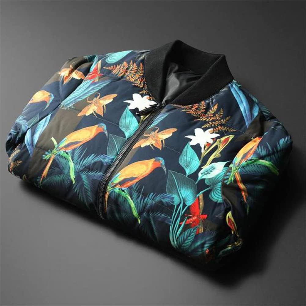 Winter Men's Down Jackets Stand Collar Bird and Flower Printed Down Coats Slim Fit Jackets