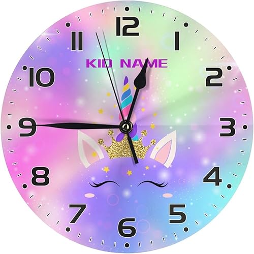 Vista 21 de Reloj de pared personalizado con diseño de unicornio y rosa con purpurina para habitación de los niños, reloj de pared personalizado con nombre