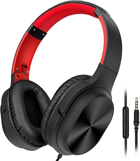 Besom On-Ear Headphones with Microphone Lightweight Folding Stereo Headset Tangle Free Cord, Wired Headphones for Cellphones Smartphone Tablet Laptop Computer MP3/4 (Red)