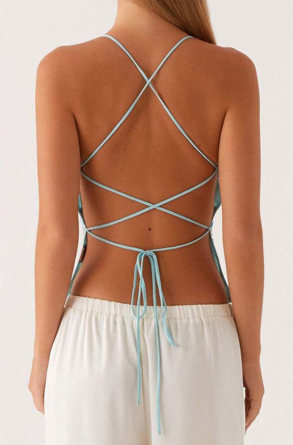 Women Sequin Cami Top V Neck Sparkle Beaded Backless Criss Cross Straps Crop Tops Summer Going Out Club Sexy - Image 3