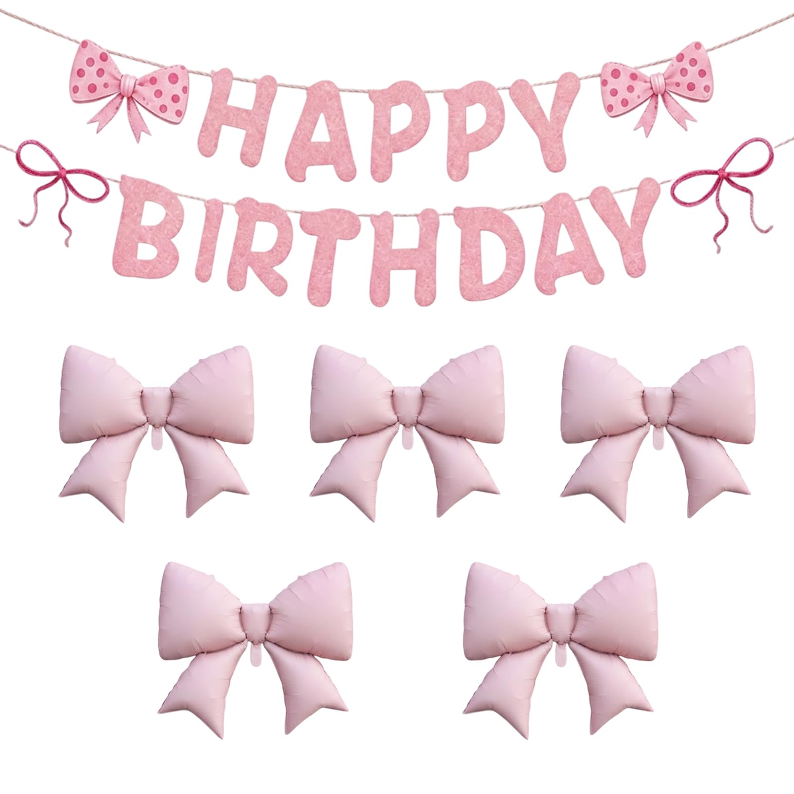 Pink Bow Balloons, Bow Birthday Decorations with Pink and White Balloons, Party Decoration Set for Celebrations, Includes 5 Bow Balloons and 1 Pink Birthday Banner