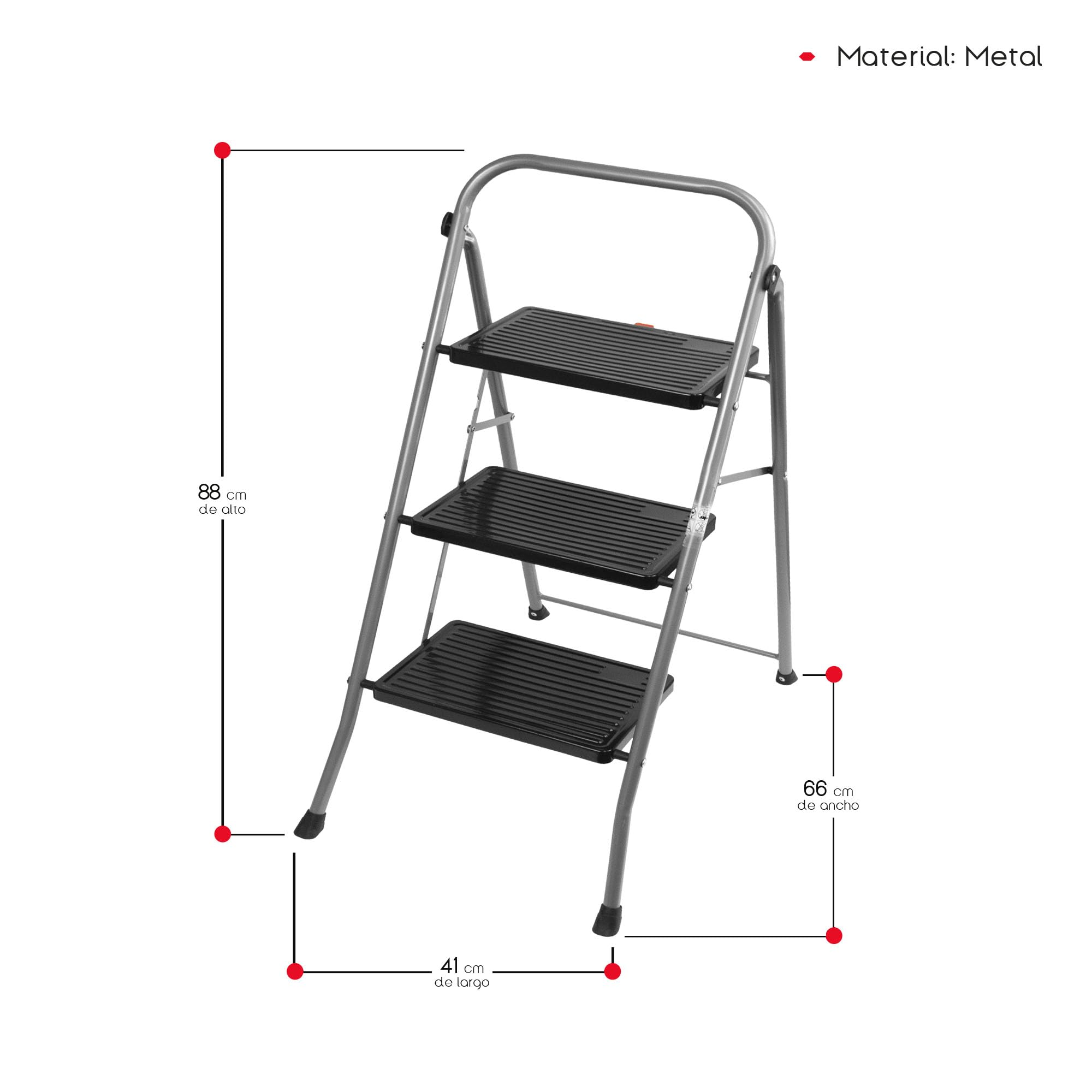 TIENDA EURASIA - Taburete Plegable | Escalera Plegable | Estructura de Metal | Color Plata y Negro | Peso máximo 150 kg | Escalones Antideslizantes | Escaleras Plegables Aluminio (3 Peldaños)