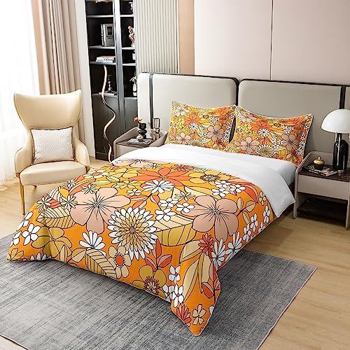 Boho Floral 100% Cotton Duvet Cover Double,Retro 1960S 1970S Groovy Flower Comforter Cover for Kid Girls Teens,Orange Boho Hippie Trippy Bedding Set Botanical Blossom Quilt Cover with 2 Pillowcases - Image 2