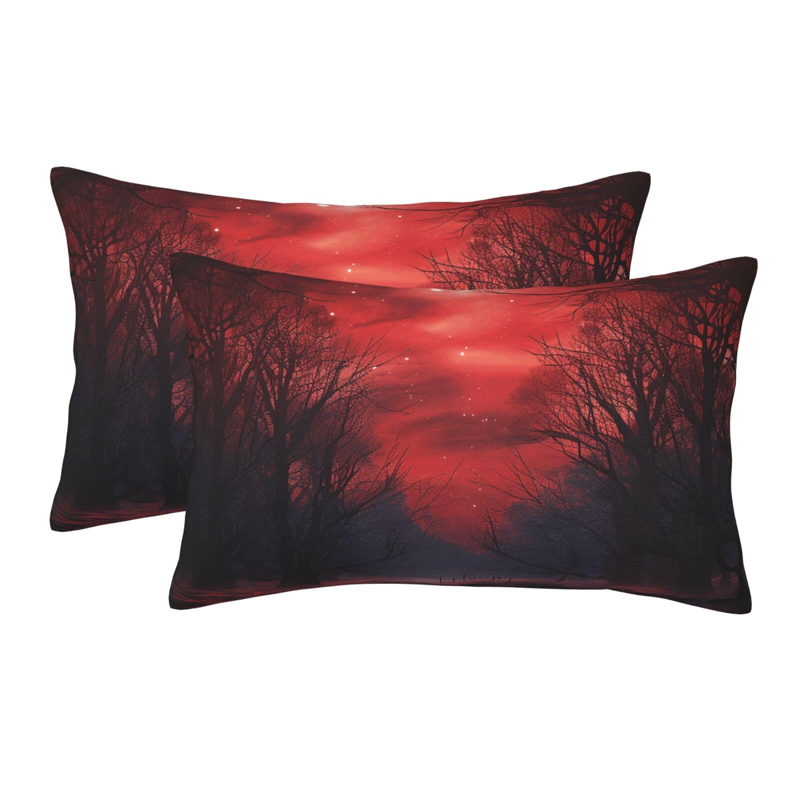 2 Pack Pillow Cases with Hidden Zipper, Soft Breathable Pillow Covers for Hair and Skin, Red Forest Night Sky Pillowcases 20"x30" Bed Pillow Protectors Cover for Sleeping Gifts