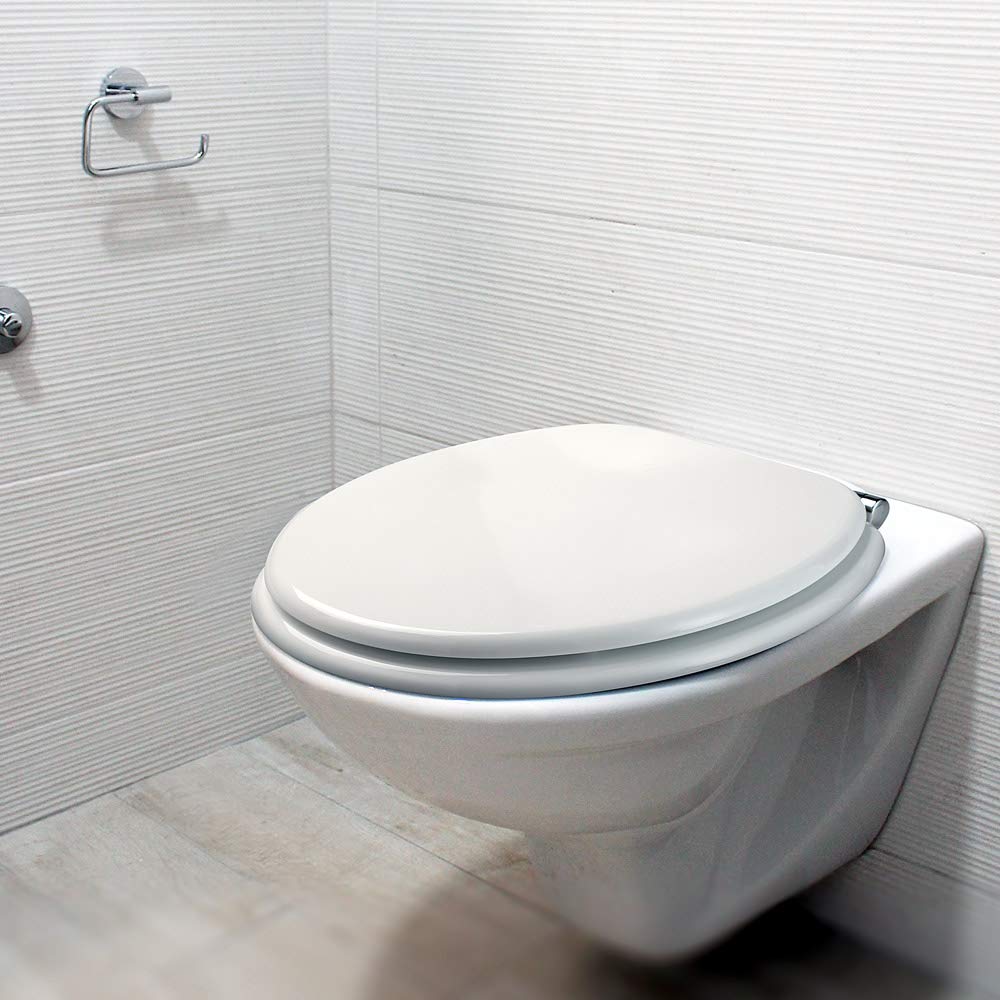 CASARIA Asiento Inodoro Automático Blanco Universal | MDF, 175Kg, Tapas, WC, Water, Tapadera, Cierre Suave, Doble, Accesorios, Baño, Antibacteriano, 45,7 x 38,0Cm