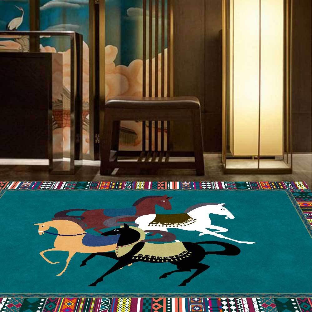 Tapis bleu de style ethnique rétro pour salon et chambre de 110 x 190 cm